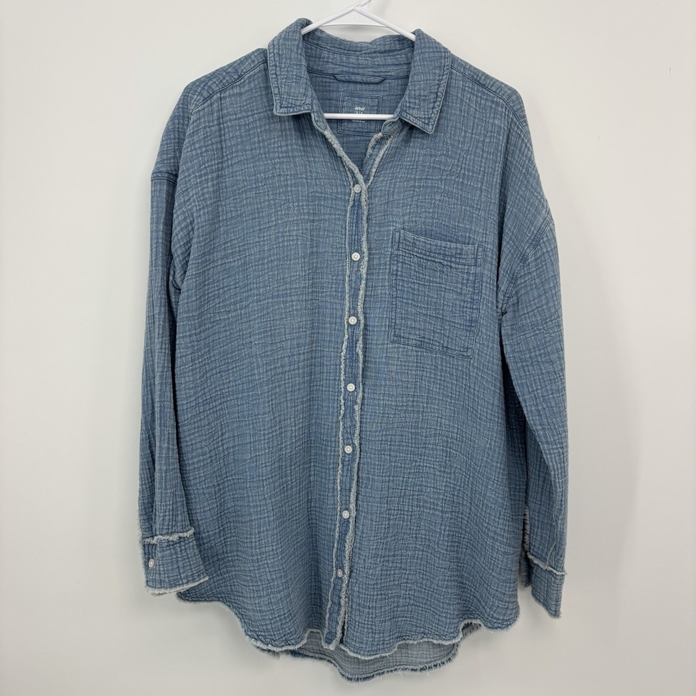 Aerie Gauzy Cotton Button Down Shirt Blue Long Sleeve Relaxed Fit Size Small